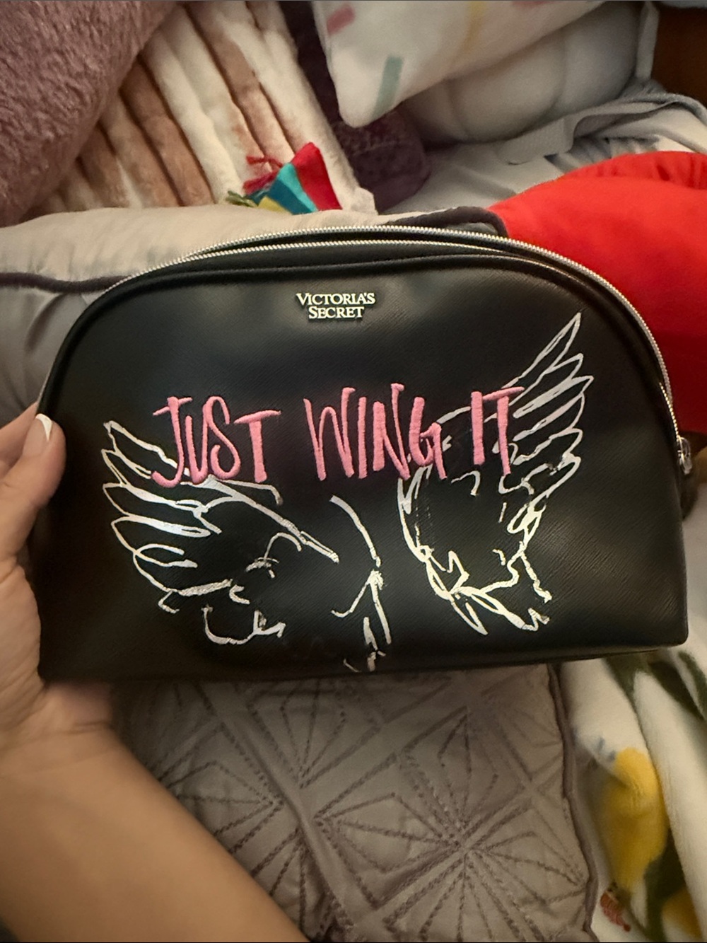 Victoria's Secret Black Cosmetic Pouch with Pink Script and White Wing Design